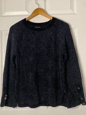 Black Chenille Crewneck Sweater with Button Cuff Accent #6